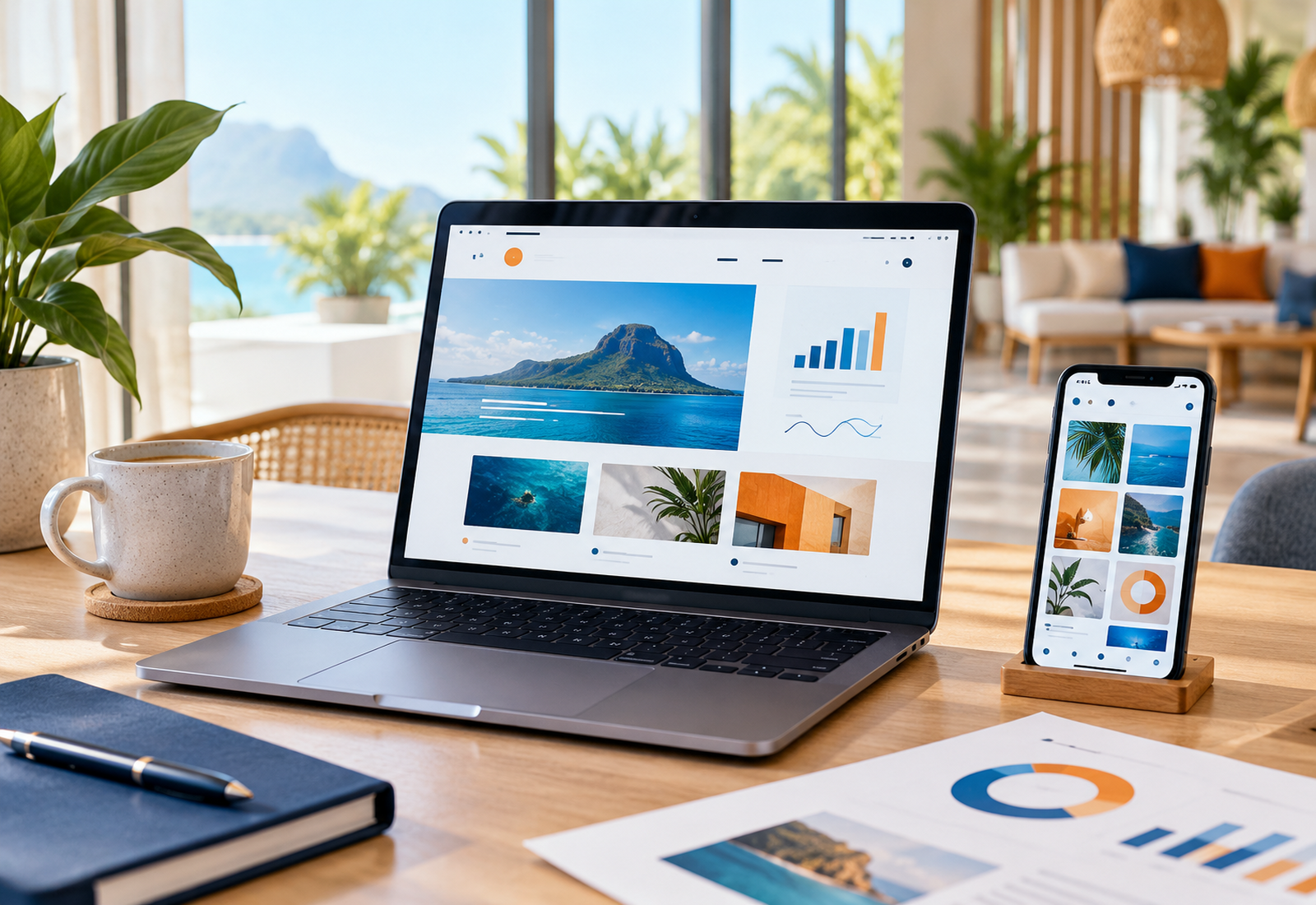 Laptop and smartphone showing a website, social content and campaign analytics in a Mauritius-inspired workspace